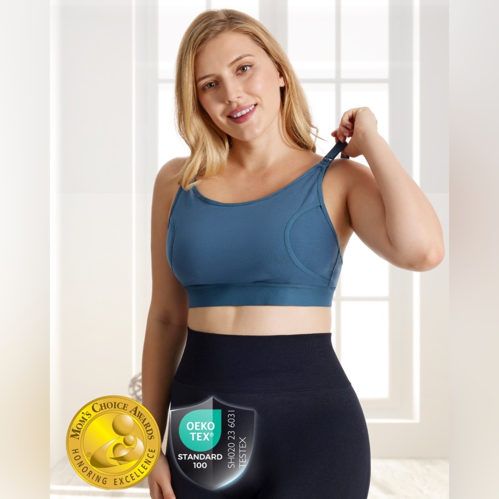 NWT Momcozy Nursing Bra for All Breast Pump Brands, Size L, Blue, Hands Free